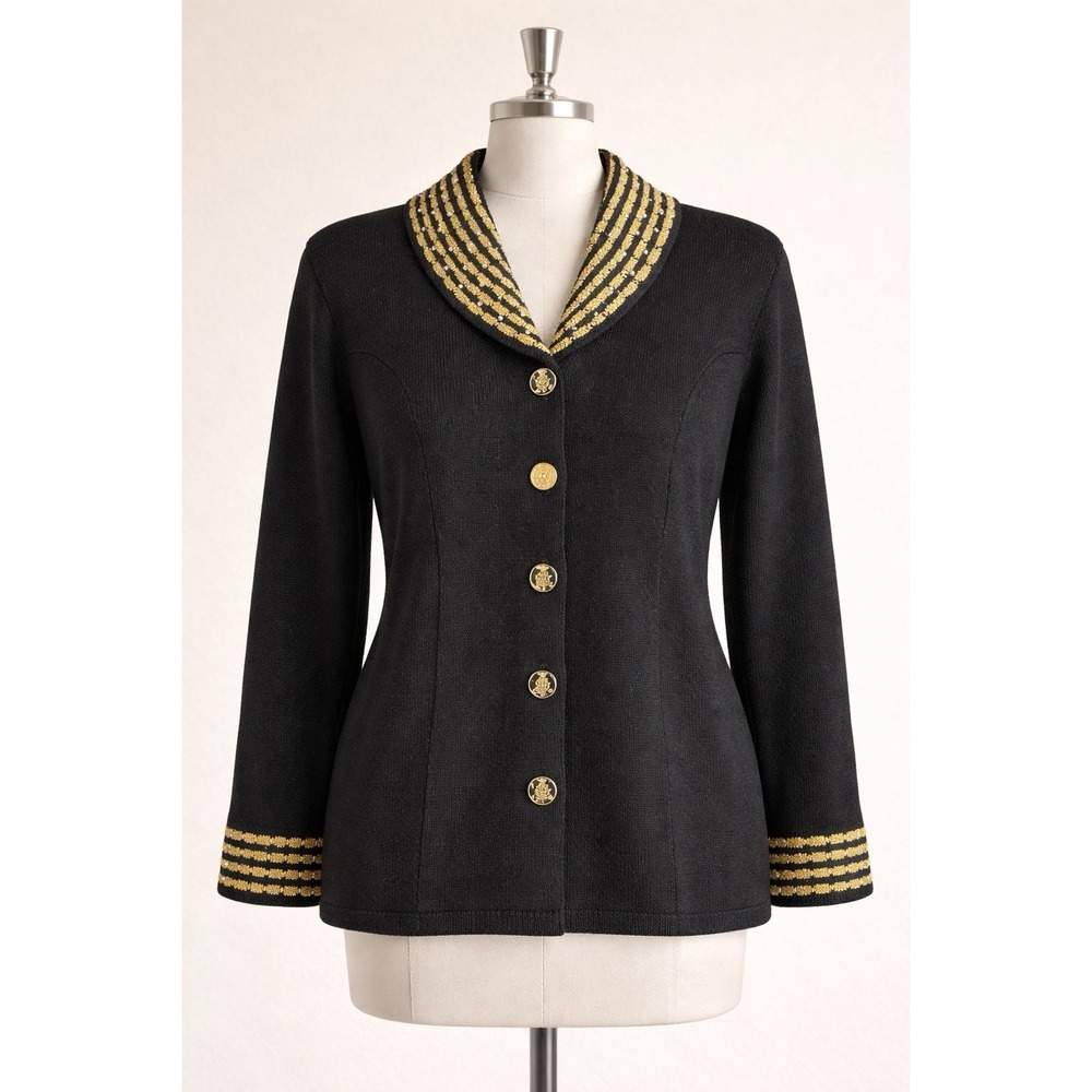 Vintage‎ San Remo Laura Knits Black Gold Knit Cardigan Jacket Size S Made In USA